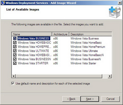Список образов Windows Vista в WDS 